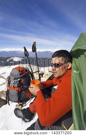 Camping on the top of the mountain in winter.