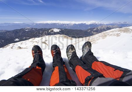 Camping on the top of the mountain in winter.