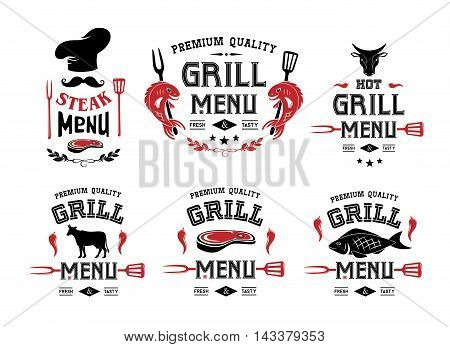 Grill and steak menu labels, badges, stickers and design elements. Set of vector templates isolated on white background.