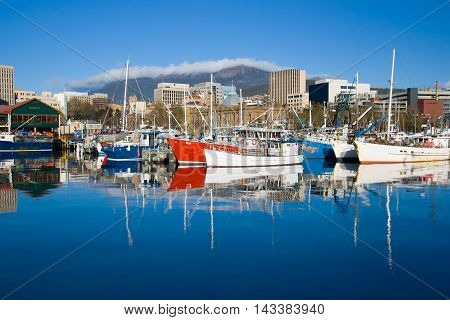 Hobart, Tasmania - Sept 25: View towards Mt Wellington over the wharf area in Hobart, Tasmania, Australia on September 25th 2007