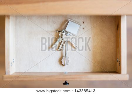 Bunch Of Door Keys With Keyfob In Open Drawer