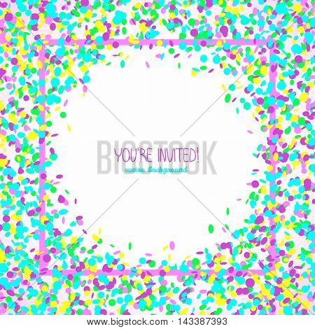 You're invited! Party card or banner. Square text frame made of colorful confetti. White background with copy space. Bright party card in neon colors.