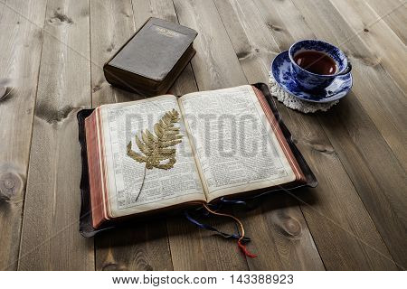 Religious scene of morning devotional with open leather bound Bible with pressed fern leaf closed Bible and blue and white china cup and saucer with tea on wooden table. Bibles are non trademark version.
