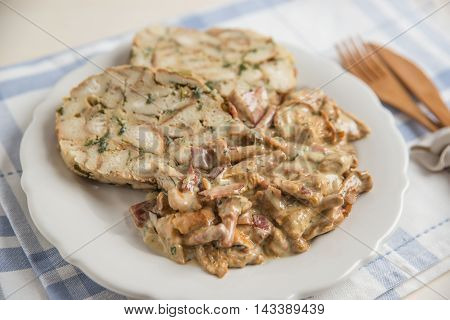 German Bread Dumplings with chanterelle mushroom sauce