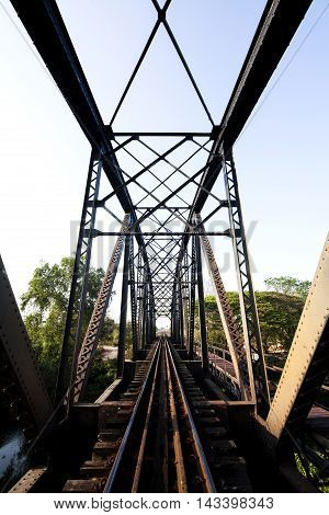 old rail way bridge vintage Metal railway bridge viaduct Bang Saphan Prachuab Thailand.