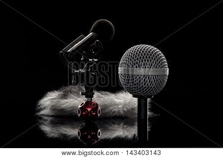 Microphone and windshield against black background and reflection