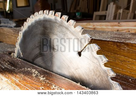 CLose up of machine with circular saw in the carpenter workshop