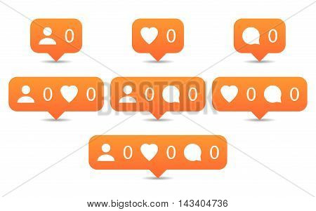 Like follow comment icons in flat style. Orange notification tooltip with heart user speech bubble counter and shadow on white background. Set 01. Vector illustration web design element 8 eps