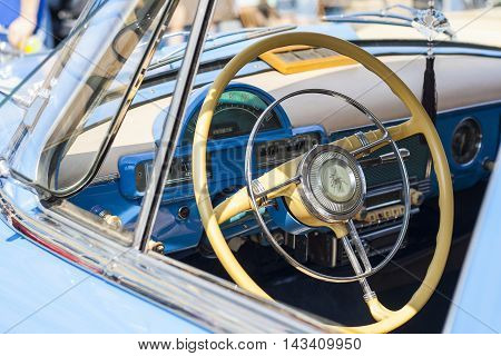 Dashboard And Steering Wheel Of Retro Car On Gaz21 Avtoarena In Cheboksary,