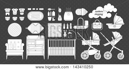 Newborn essentials shopping list. Vector baby stuff for a newborn. The plan purchases for a newborn. Baby buy set. Cribs, baby stroller, childrens clothing, toys and other baby stuff for a newborn.