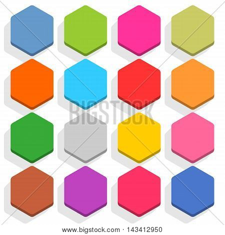 16 blank icon in flat style. Hexagon 3D button with shadow on white background. Blue red yellow gray green pink orange brown violet colors. Vector illustration web design element in 8 eps