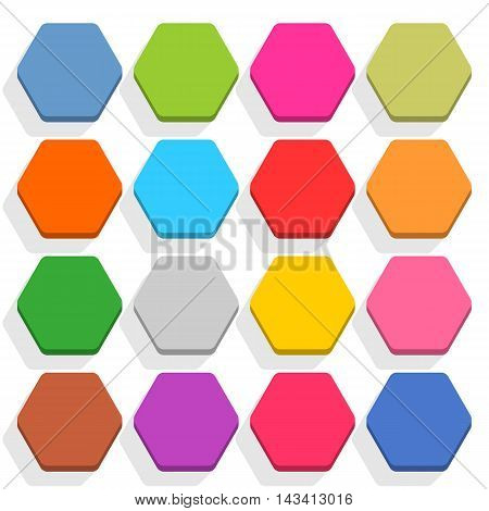16 blank icon in flat style. Hexagon 3D button with shadow on white background. Blue red yellow gray green pink orange brown violet colors. Vector illustration web design element in 8 eps