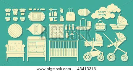 Icons of products for newborns. Cribs, baby stroller, childrens clothing, toys and other baby stuff for a newborn. Vector baby gear icon set in flat style.