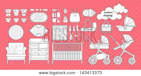 Retail and wholesale kids shop. Cribs, baby stroller, childrens clothing, toys and other baby stuff for a newborn. Vector kids shopping list set in flat style.