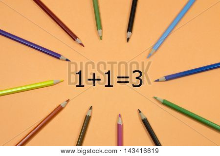 Colored Pen written showing to center with a word 1+1=3