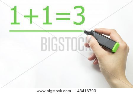 Hand writing 1+1=3 with marker on transparent wipe board.
