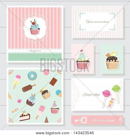 Cute card templates set. For sweet shop bakery scrapbook or birthday design.