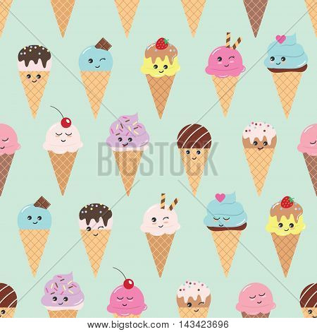 Seamless pattern with kawaii ice cream cones. For print and web.