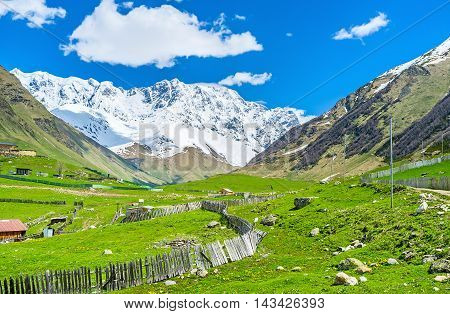 The unique nature of Caucasus mountains with bright green slopes located adjacent to the cold and snowy peaks Ushguli Upper Svaneti Georgia.