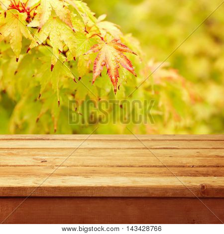 Empty wooden deck table over autumn leaves