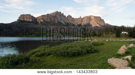 Brooks Lake Campground in the foreground of the Pinnacle Buttes in the Washakie Wilderness