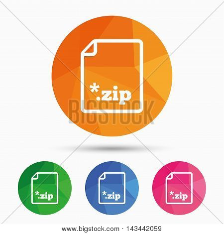 Archive file icon. Download compressed file button. ZIP zipped file extension symbol. Triangular low poly button with flat icon. Vector