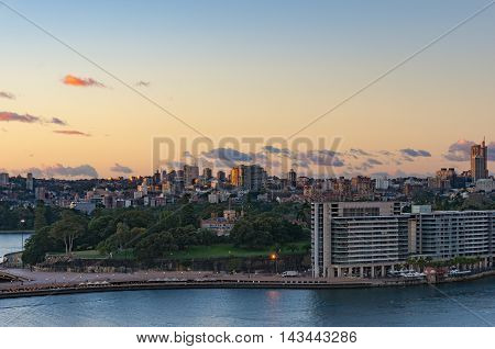 Royal Botanic Gardens with Potts Point and Woolloomooloo suburbs on the background. Circular Quay Sydney Australia