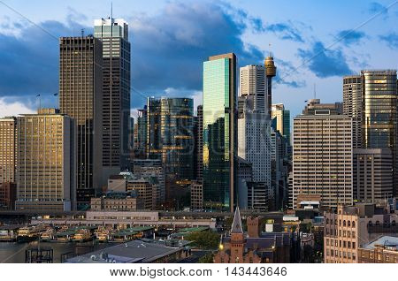 Central Business District skyscrapers on sunrise. Urban landscape view from above. Sydney Australia