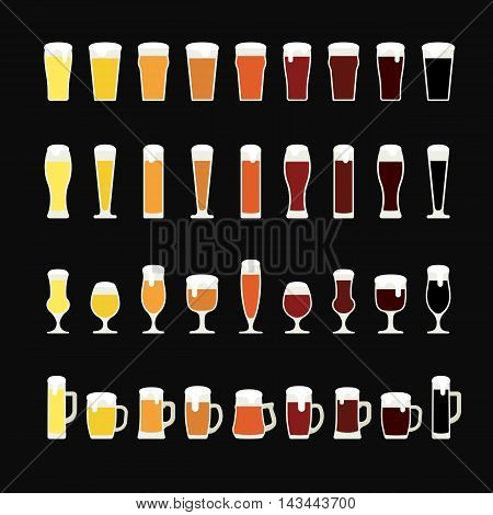 Rows of beer from light to dark in variety of glasses and mugs. Beer icons. Vector illustration