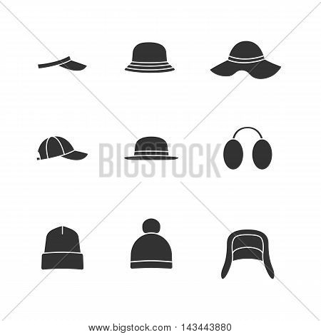 Caps and hats icon set. Vector black icons