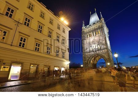 PRAGUE CZECH REPUBLIC - AUGUST 08 2016: Night scene of old town and Charles bridge on August 08 2016 in Prague. Prague is the capital and largest city of the Czech Republic