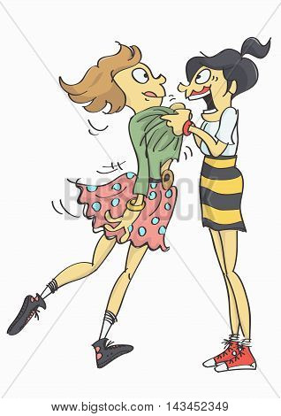 Illustration of two girls, one frantically pulling another because overjoyed. A friend with excellent news.