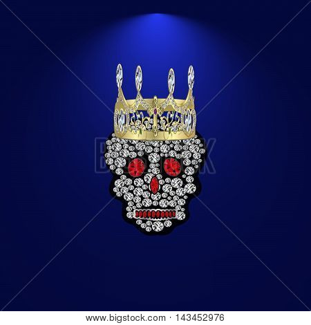 Skull of precious stones on a blue background. With tiara of brilliantov.Vektor illustration.