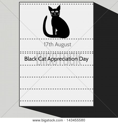 Black Cat Appreciation Day - Stylized calendar letter of 17th August with sitting tomcat silhouette. Black white gray cartoon illustration.