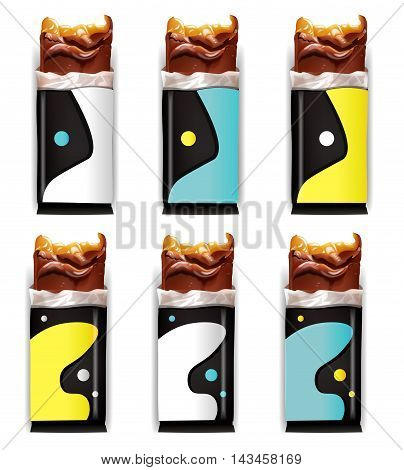 Vector Blank Food Packaging For Biscuit Wafer Crackers Sweets Chocolate Bar Candy Bar Snacks . Design Template. Isolated On White Background.