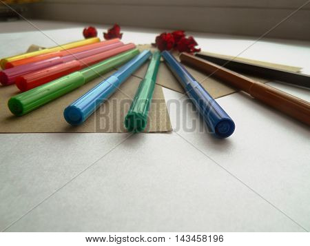 Copyspace blank sheets of craft paper covered with multiple colorful felt pen markers and dried flowers