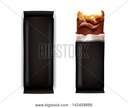 Vector Blank Food Packaging For Biscuit Wafer Crackers Sweets Chocolate Bar Candy Bar Snacks . Design Template. Isolated On White Background.