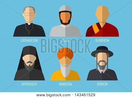 World religions monk people icons. Flat design style. Vector illustration