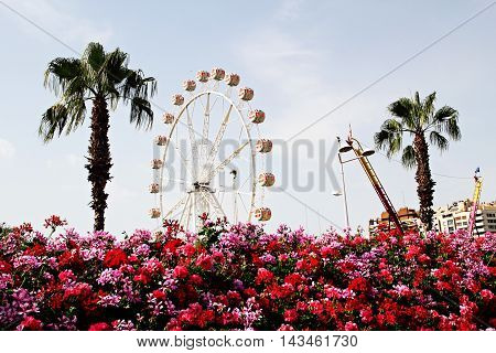 Big wheel of a fun fair with several flowers