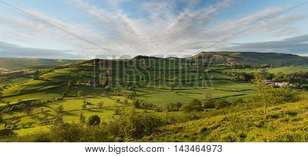 Colorful panorama over the fields and meadows of sheep farmland of welsh valley near Llangedwyn in Wales