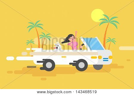 Stock vector illustration happy brunette girl drives a white convertible, woman and her dog rushes by car among a palm trees on a yellow background in a flat style
