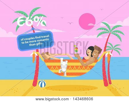 Stock vector illustration of happy tanned couple with a dog on vacation, man and woman rests in a hammock between two palm trees on the coast, the guy holding a cocktail on the beach in the flat style