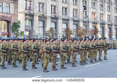 Kiev Ukraine - 19 August 2016: Infantry soldiers preparing for parade at Kreschatyk street which will take place on the 24-rd of August dedicated to the 25-th anniversary of Independence of Ukraine.