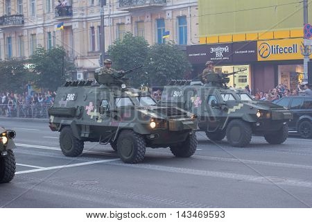 Kiev Ukraine - 19 August 2016: Mechanized troops preparing for parade at Kreschatyk street which will take place on the 24-rd of August dedicated to the 25-th anniversary of Independence of Ukraine.
