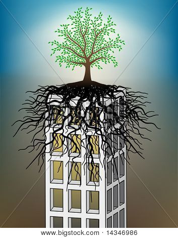 Bearbeitbare Vektor-Illustration eines Baumes wachsen auf einer towerblock