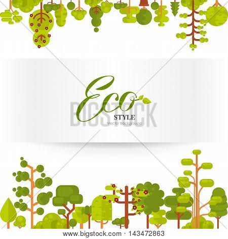 Stock vector illustration of green trees and bushes top and bottom on a white background in a flat style. Banner or strip of paper with lettering for Environmental Design, eco style, ecology