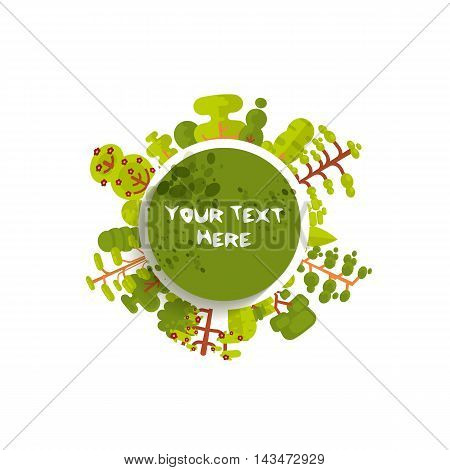 Stock vector illustration of green circle banner or round sticker with trees and bushes located along the rim on a white background in a flat style for Environmental Design, eco style, ecology
