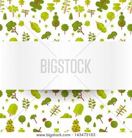 Stock vector illustration seamless pattern with green trees and bushes on a white background in a flat style with bare banner or strip of paper for Environmental Design, eco style, ecology