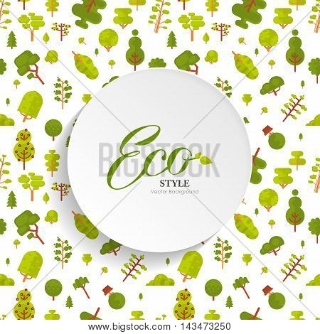 Stock vector illustration seamless pattern with green trees and bushes on white background in flat style with bare circle banner or round sticker of paper for Environmental Design, eco style