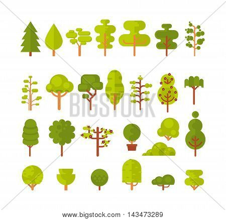 Stock vector illustration of a set of isolated trees and shrubs on a white background in a flat style